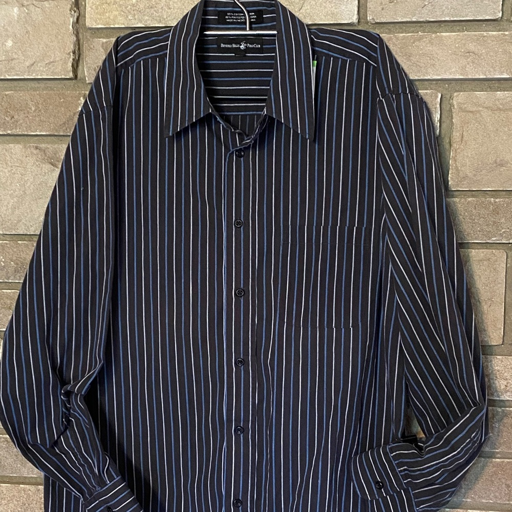 Beverly Hills Polo Club Mens 2XL Navy w/Blue & white stripes button dress shirt